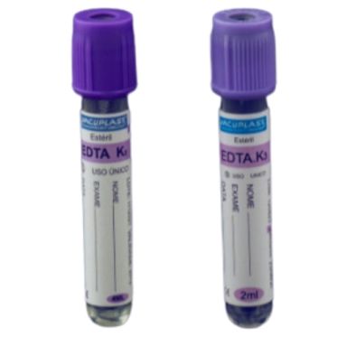 Tubo p/ coleta de sangue a vácuo em vidro c/ reagente EDTA 2mL 13x75mm 100und/rack Vacuplast